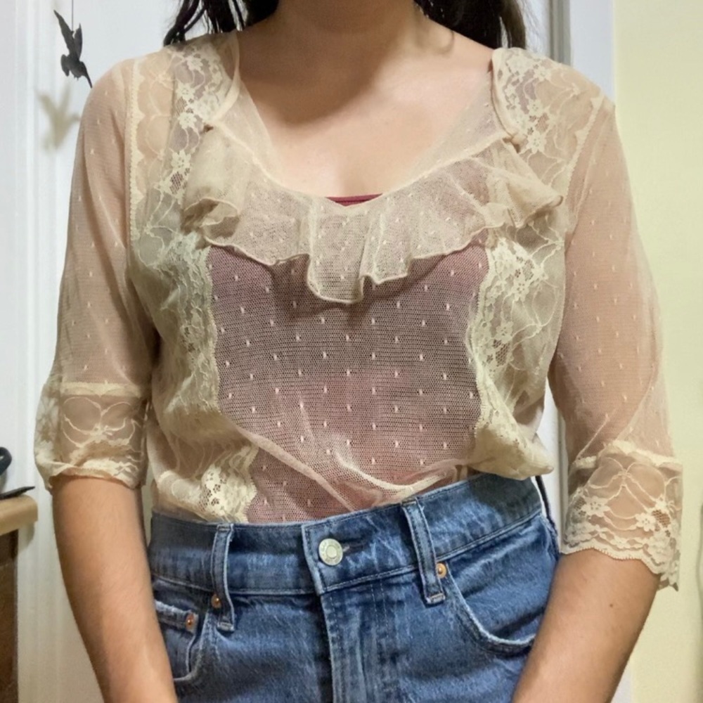 Cream colored ruffled Lace Blouse